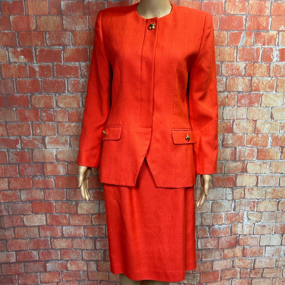 Worthington Vintage Linen Look Tangerine Blazer‎ Skirt Suit